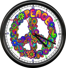 Peace Love Rock Roll Hippy Hippie Bus Free Spirit Flowers Camper Sign Wall Clock