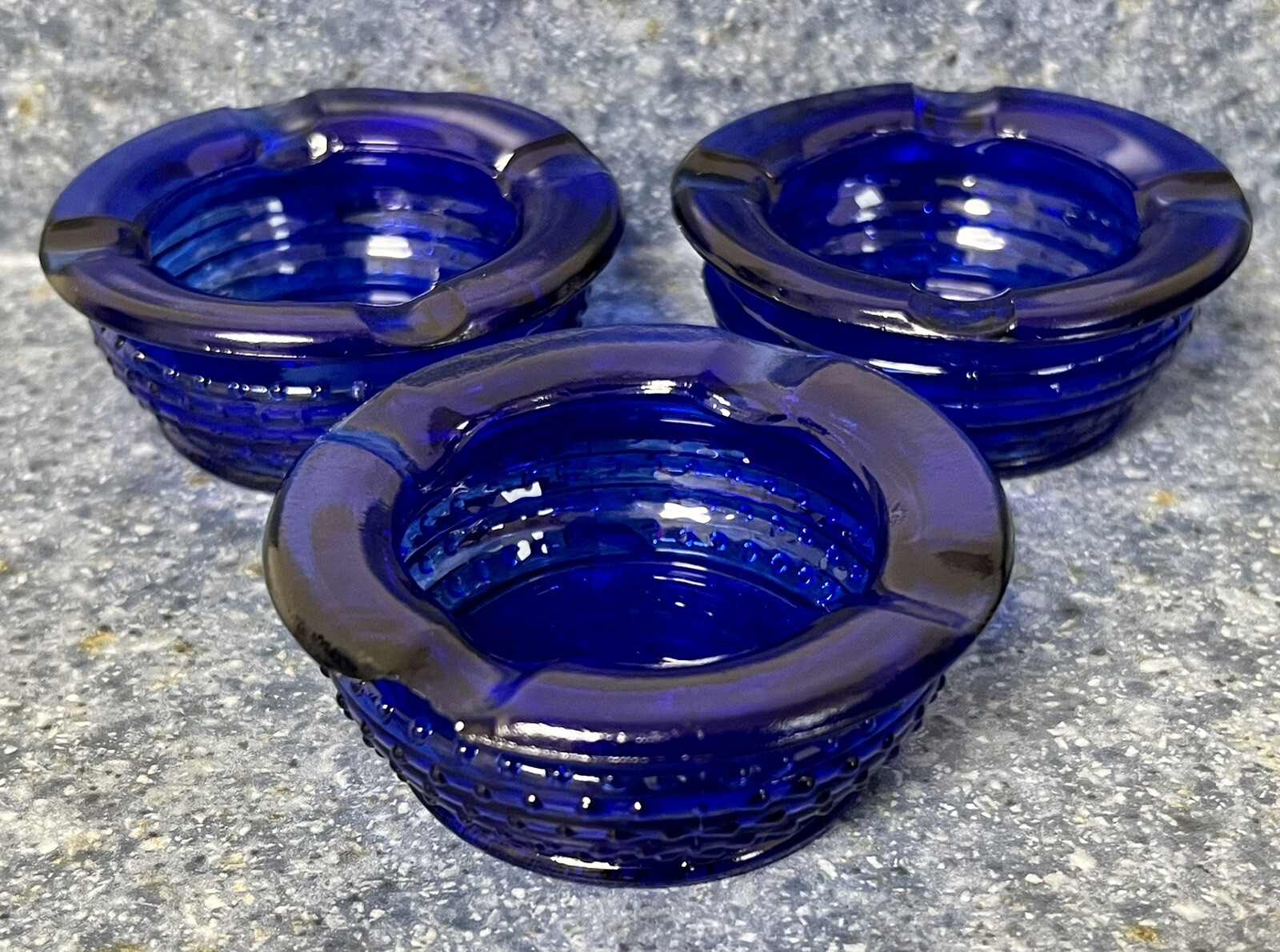 Vintage Cobalt Blue Ashtray Round Dot Texture x3 Preowned