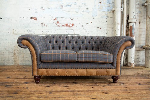 HANDMADE 2 SEATER TAN BROWN TWEED CHECK HERRINGBONE WOOL CHESTERFIELD SOFA COUCH - Picture 2 of 8