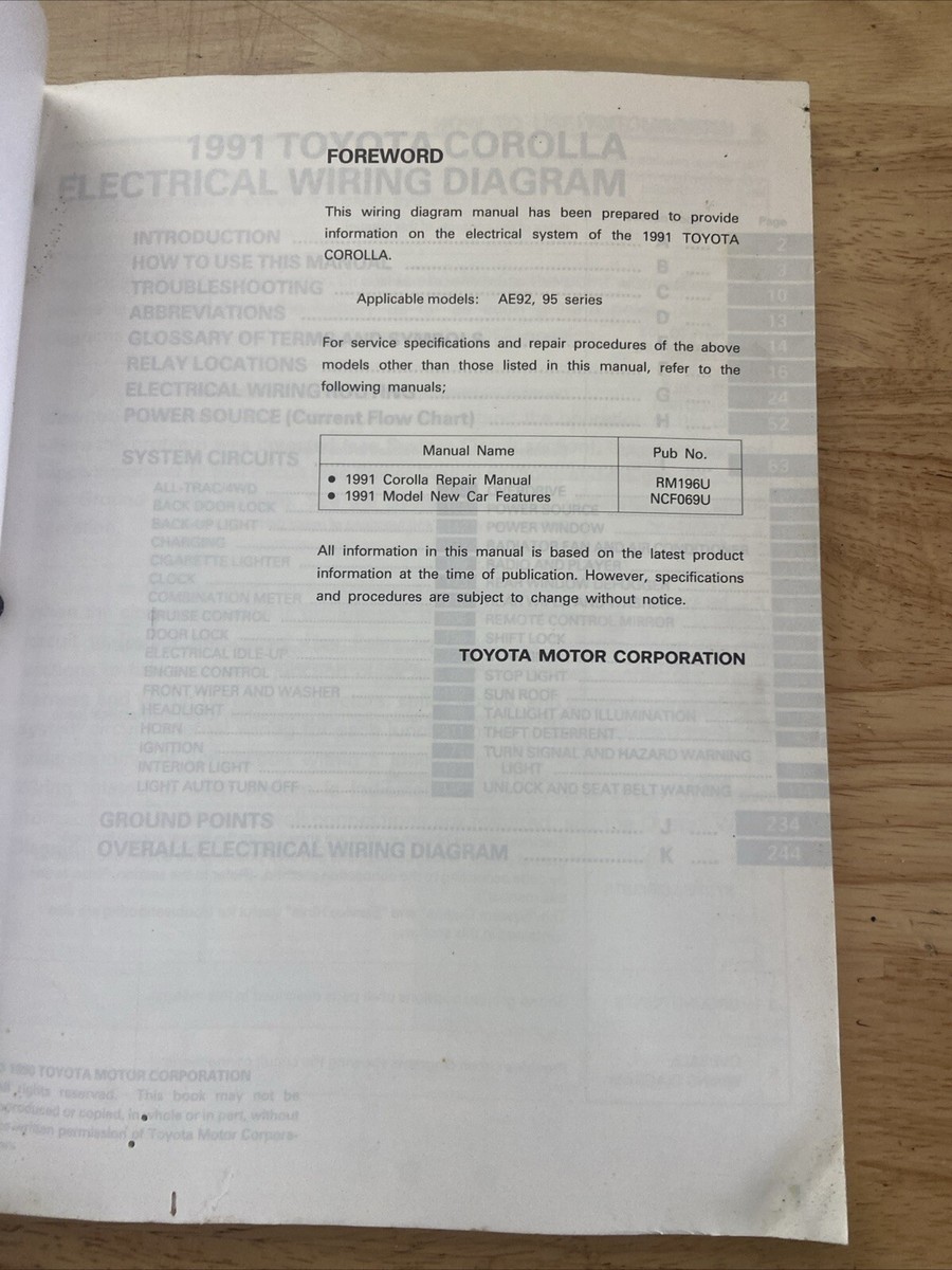 1991 Toyota Corolla OEM Repair Manual with Electrical Wiring