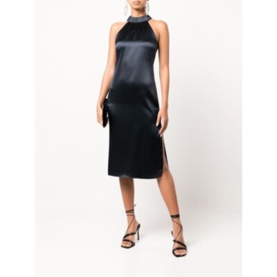Frame Shirred Halter Midi Dress in Navy at Nordstrom, Size Small