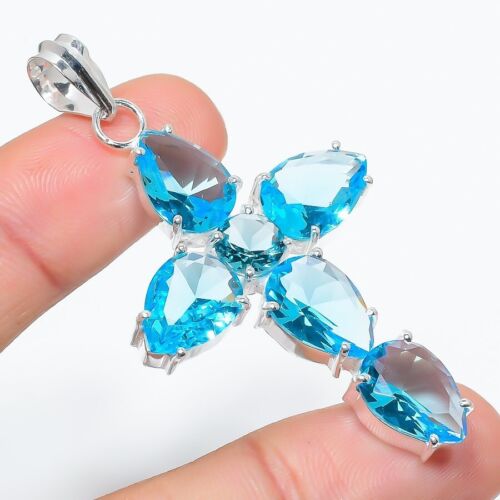 Swiss Blue Topaz Gemstone Handmade 925 Sterling Silver Jewelry Pendant Sz 2.5" - Picture 1 of 1