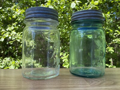 2 Vintage Pint Size Ball Perfect Mason Jars, Blue & Clear w/Zinc