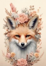 Colorful Forest Fox w. Flowers Ephemera 2 - 7x10 Craft Cotton Fabric Block