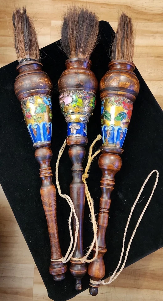 XL 老清朝中国书法刷 21 英寸景泰蓝 Champleve 木 — 第 2/4 张图片