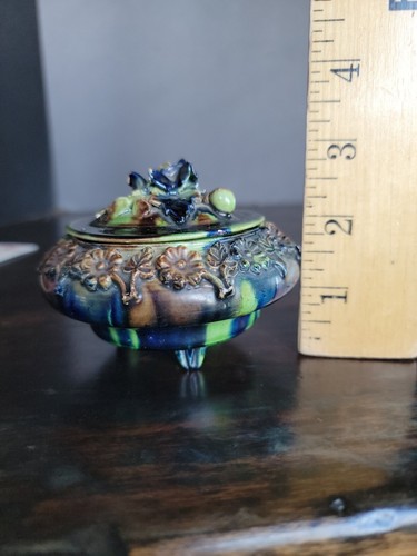 Presentation Engagement Art Pottery Majolica trinket bowl lid brown blue green - Picture 10 of 13