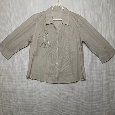 Woman s Striped Button Down Top-Embellished Light House-Bird-3/4 Sleeve-P2P-22.5