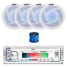 Pyle BT Marine Receiver, 4X 5.25" 180W LED Speakers White w/ Wire