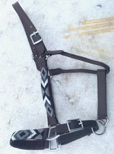 Black & silver beaded leather horse size halter