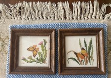 Set Of 2 Vtg Framed Needlepoint Butterflies Nature Hanging Wall Art 6.75x6.75"