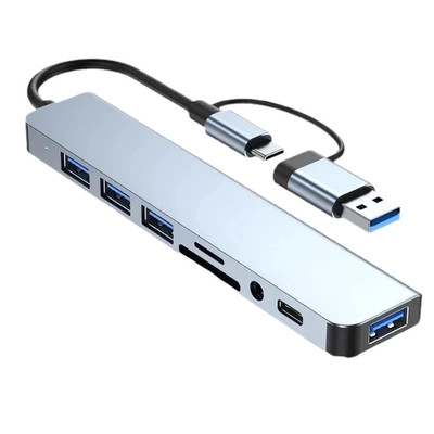 8-in-2 USB Type-C Hub Docking Station Audio Jack Micro SD Reader Adapter