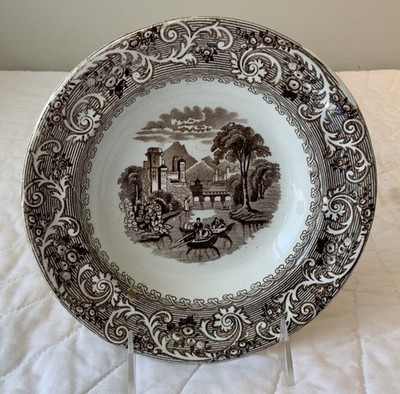 Antique Brown Transfer Ware Soup Bowl, Rhine, Foley Potteries, UK, Castle, Trees