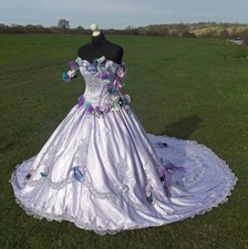 Alternative Wedding Dresses Light Purple Lace-up Cubic Floral Sweep Train