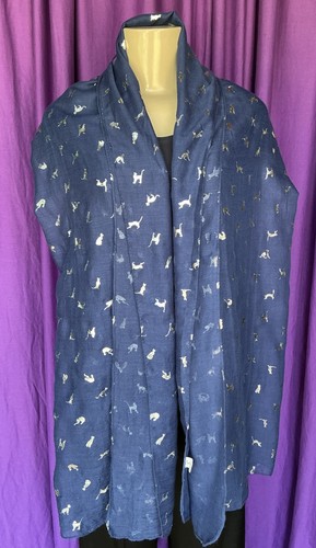 CAT LADY BOX Navy Blue & Silver Cats Lightweight Rectangular Poly Scarf 27”x 74” - Imagen 3 de 8
