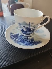 Vintage Hand Painted Delfts Blue Mini Tea Cup  Saucer Holland Windmill