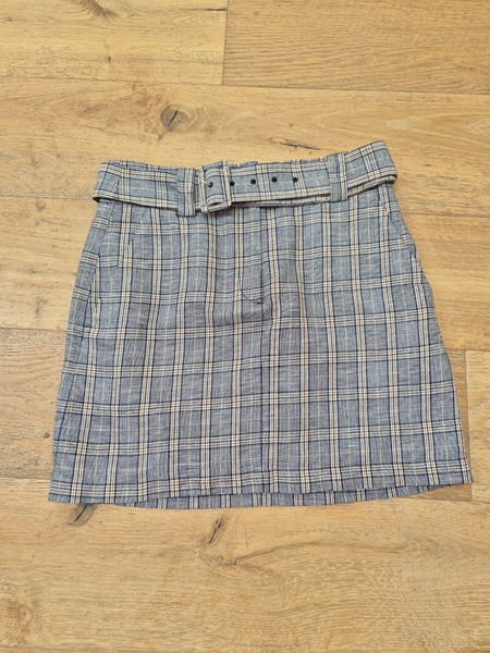 COUNTRY ROAD Blue Check Linen Blend Belted Mini Skirt Size 10 As new cond