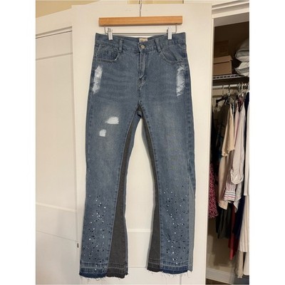 Gallery Dept Two-Tone Distressed Blue Flare Jeans with Embellished Hem