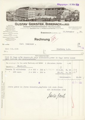 Biberach a.d. Crack, invoice 1938, posement factory Gustav Gerster