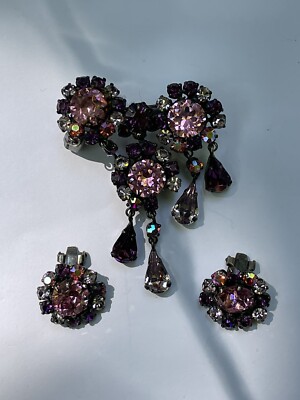 Vintage Austria Purple Pink Rhinestone Brooch W Dangles Plus Earrings