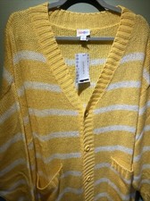 LULAROE NWt Large LUCILLE Cardigan Sweater Yellow White Striped V-Neck Pockets