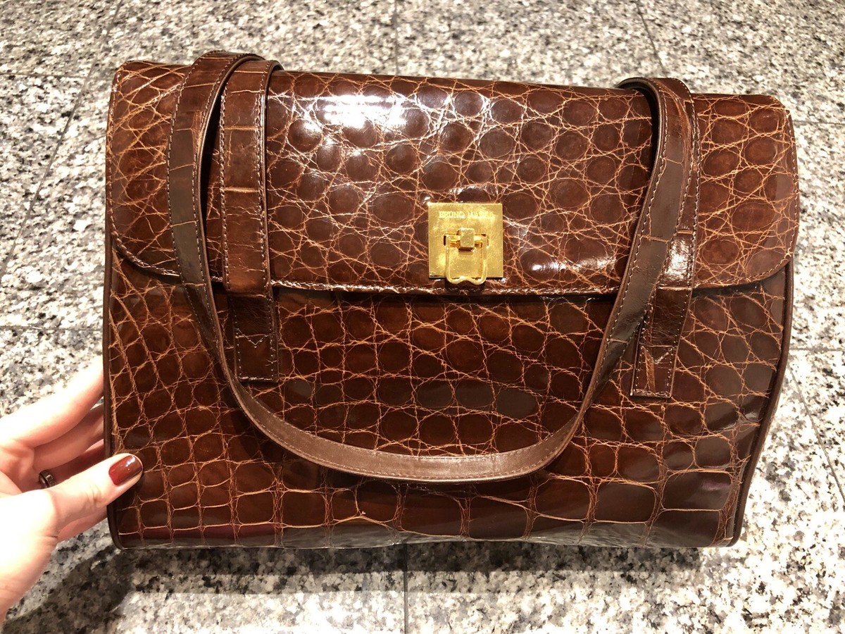 Bruno Magli Vintage Brown Leather Crocodile Texture Gold Logo Slip on Loafer - 6 Piel Cuero Brown Leather Loafers: Crocodile Texture with  main image 2