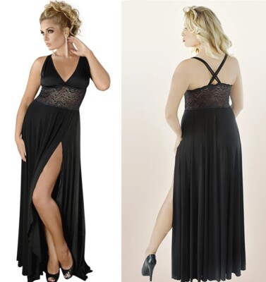 ANDALEA CHEMISE SCHWARZ SPITZE LANG SCHLITZ clubwear kleid übergröße plus size