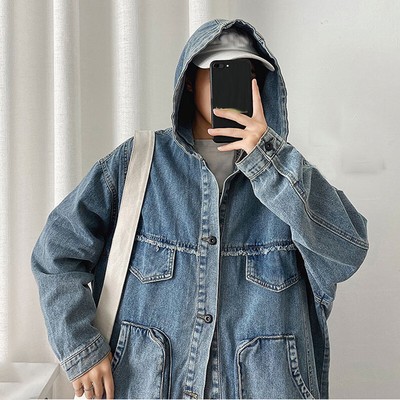 Fashion Mens Hooded Denim Coats Hoodie Jean Jackets Loose Retro