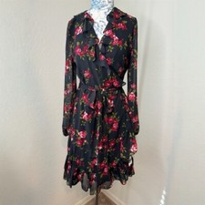 NWT Nine West Black Floral Wrap Style Long Sleeve Dress 