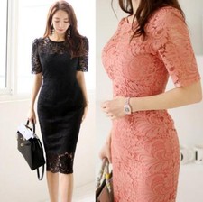 Womens Fashion Round Neck Guipure Lace Short Sleeve Hip Package Pencil Dress NWO