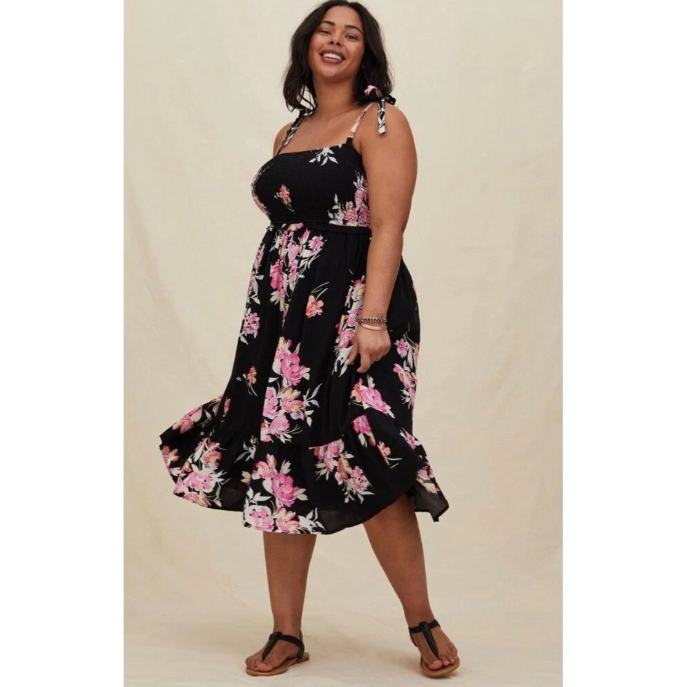 Torrid Women Dress 0 LARGE Black Floral Midi Challis Smocked Square Neck  Ruffle