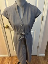 Preowned Sandra Darren Charcoal Gray Button Front Belted Dress - Size 10