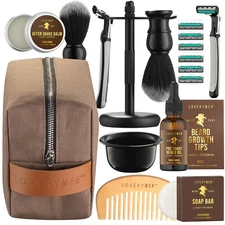 17pc Deluxe Beard Shaving Kit in a Luxury Brown Leather Bag-Gifts for Men, Dad