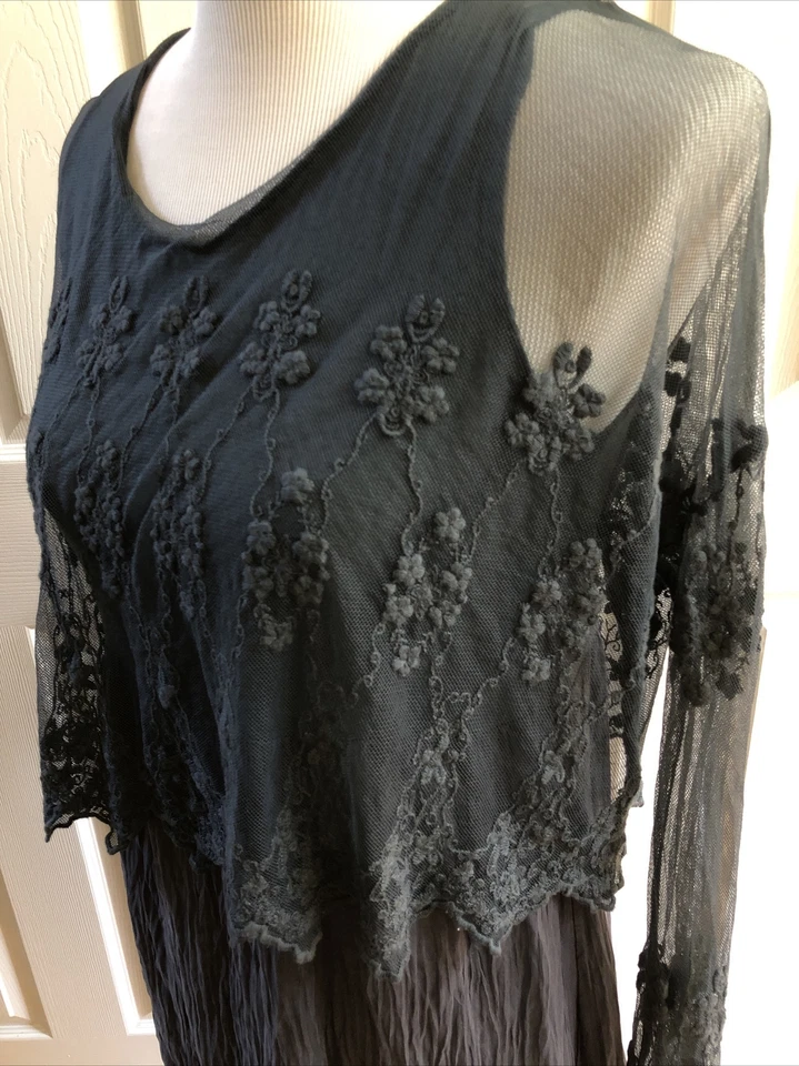 Vestido Bohemio Carla Conti Italia Delicado Encaje Superpuesto Largo Slv Mediano Nuevo con Etiquetas Foto 3 de 4