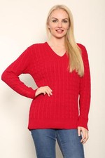 LADIES LONG SLEEVE CABLE KNITTED CABLE JUMPER WOMENS V NECK WINTER SWEATER TOP