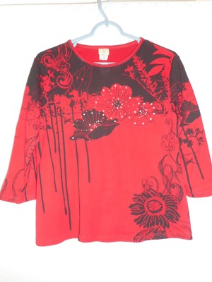 Red Black Floral Knit Top Jess & Jane Size Medium