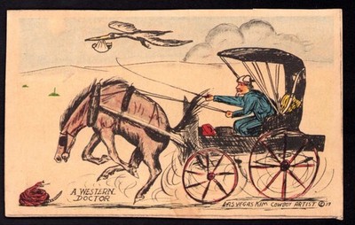 1937 Postcard Artist Signed Las Vegas Kim Texas Cowboy Artist A Western Doctor