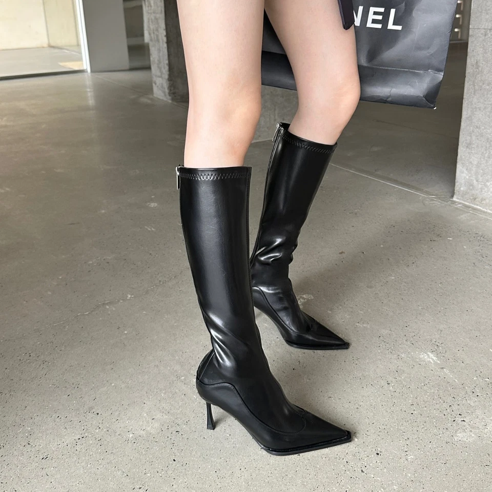 French Sexy Women's Knee High Boots Winter Pointed Toe Leather High-heels Shoes - Image 3 of 4