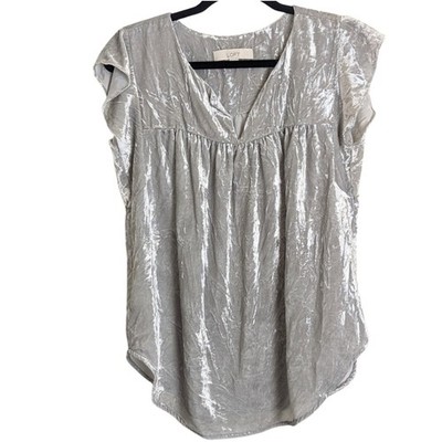 Silver Velvet V-Neck Flutter Sleeve Pullover Babydoll Top Women's Size S