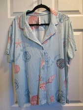 SOMA COOL NIGHTS NOTCH COLLAR S/S PAJAMA TOP IN SEASHELL SERENADE BLUE SIZE XL