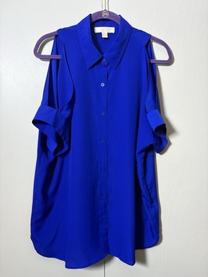 Michael Kors XL Cobalt Blue Cold Shoulder Button Up Blouse Career Chic