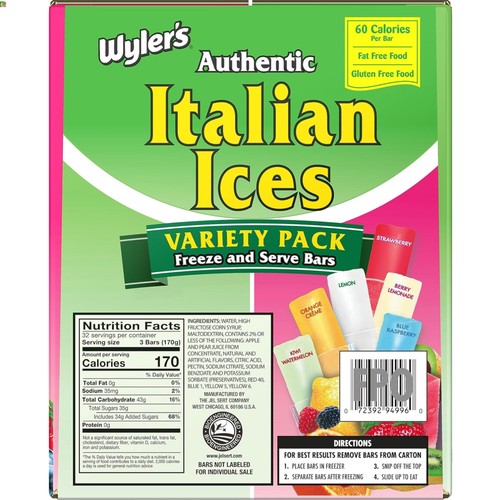Authentic Italian Ice, Fat Free Freezer Bars, Assorted Flavors 96ct - 2oz bars