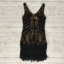BabeYond Black Gold Sequin Beaded Fringe Sleeveless Flapper Dress