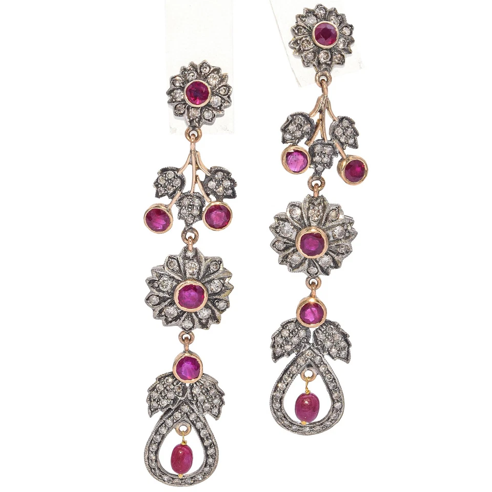 Vintage Ruby and Diamond Floral Drop Earrings - Image 3 of 4