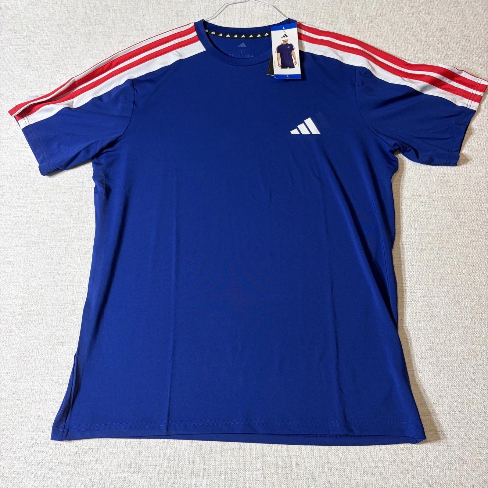 39. "Adidas" Men's 3 Stripe Active T-Shirt; Blue w/ Red, White; NWT; L
