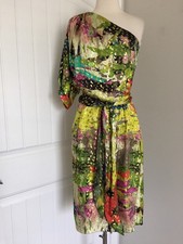 NAEEM KHAN SILK MULTI COLOR ONE SLEEVE BELTED DRESS SIZE 12 MADE IN USA