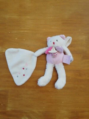 O DOUDOU ET COMPAGNIE CHAT ROSE MOUCHOIR Blanc Les GOMMETTES Attache Tétine - Photo 1/3