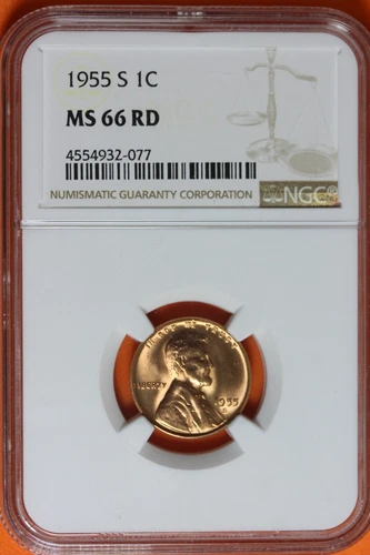 1955-S 1C MS66 RD NGC LINCOLN WHEAT CENT #B39748
