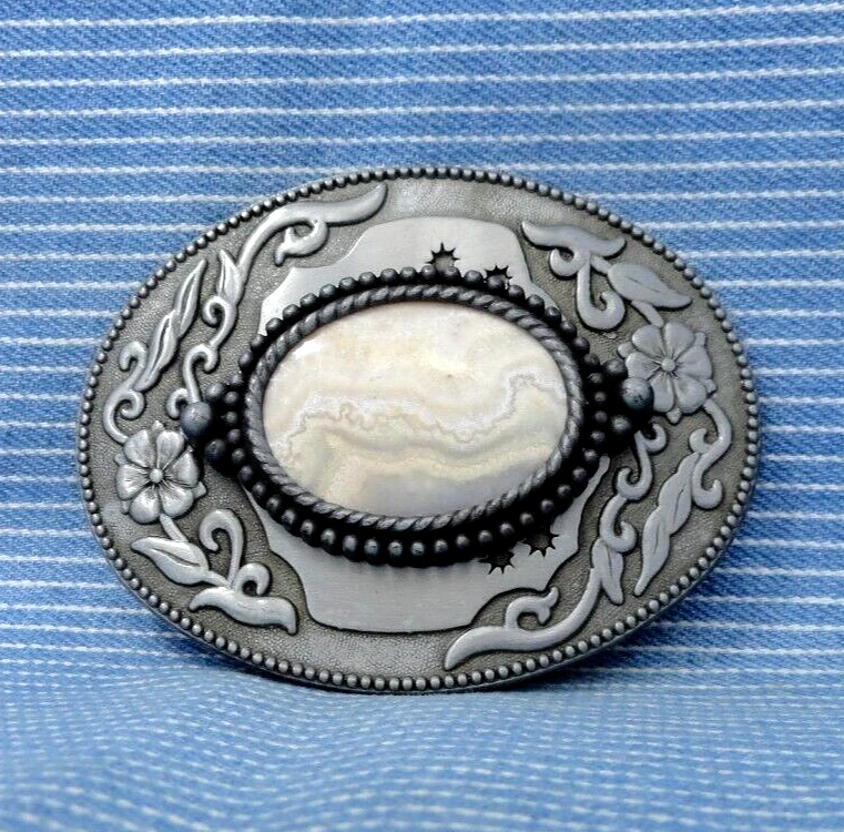 Clásico Cinturón Vaquero Occidental Hebilla Floral Pergamino Encaje Ágata De Colección Años 80 .CPA451 Foto 2 de 4