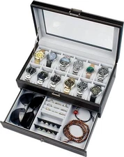 12 Grids Jewelry Case Storage Watch Box Leather Display Organizer Glass Top Gift