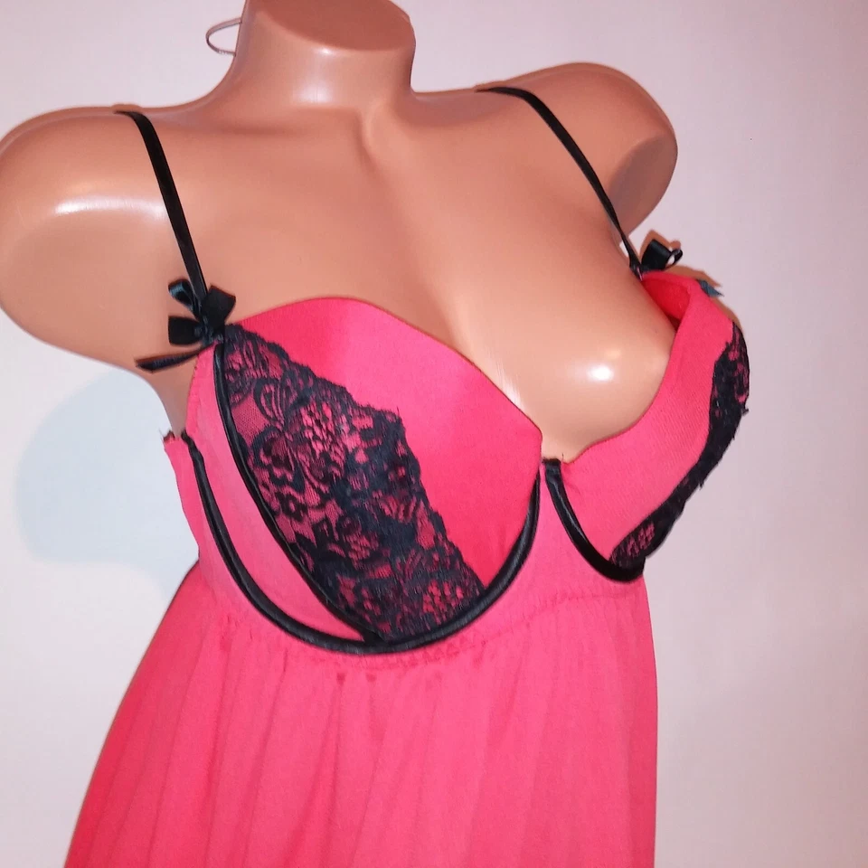 Lencería Cacique Babydoll 18 20 Negro Naranja Encaje Borde Forrado Tazas Con Aros Foto 3 de 4